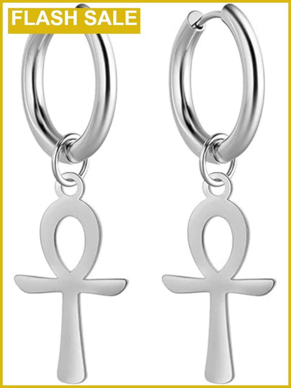 Stainless Steel Ankh Cross Dangle Hoop Earrings Ancient Egyptian Symbol Jewelry